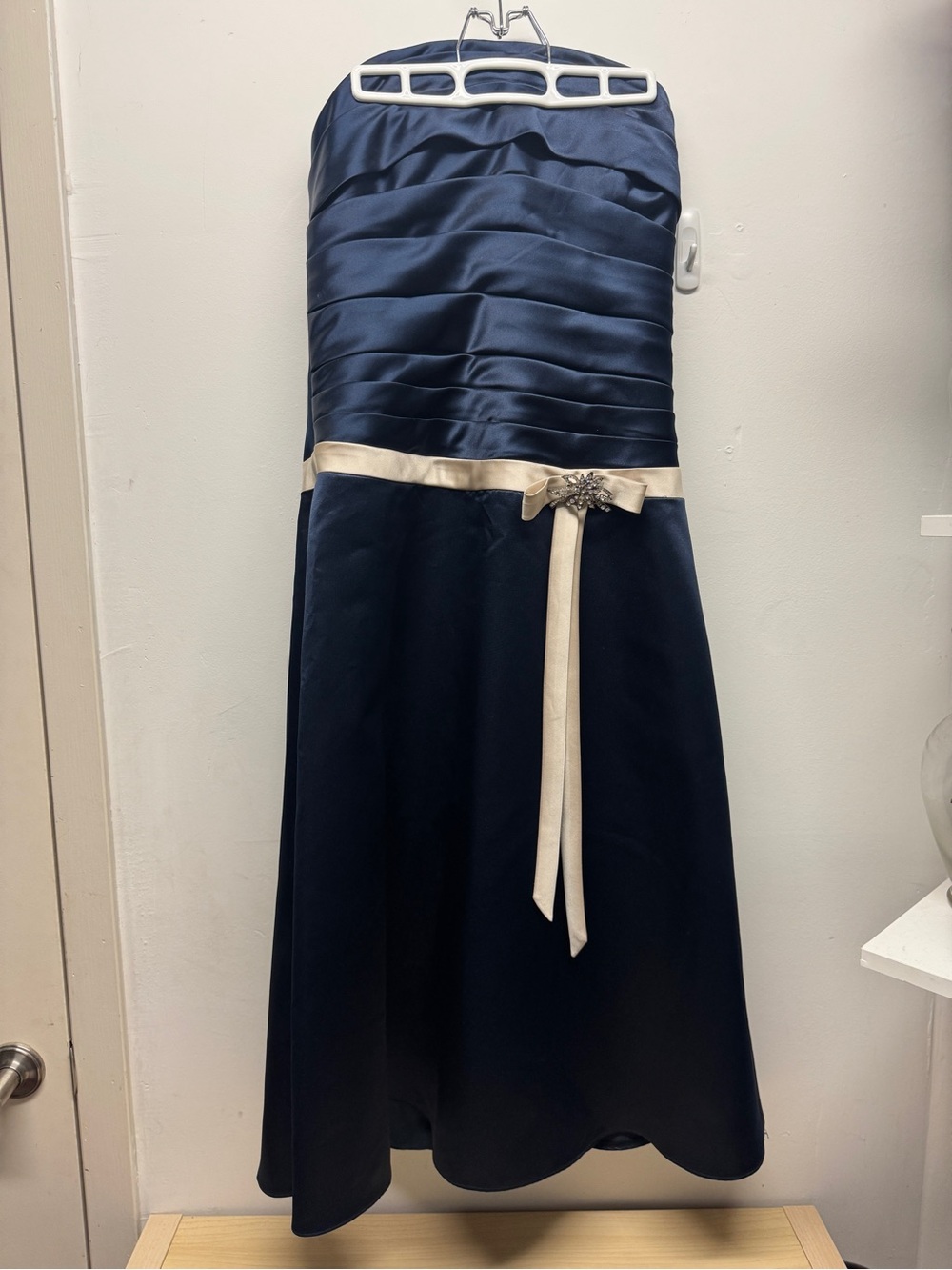 Navy Satin Strapless Dress with Ivory Sash
